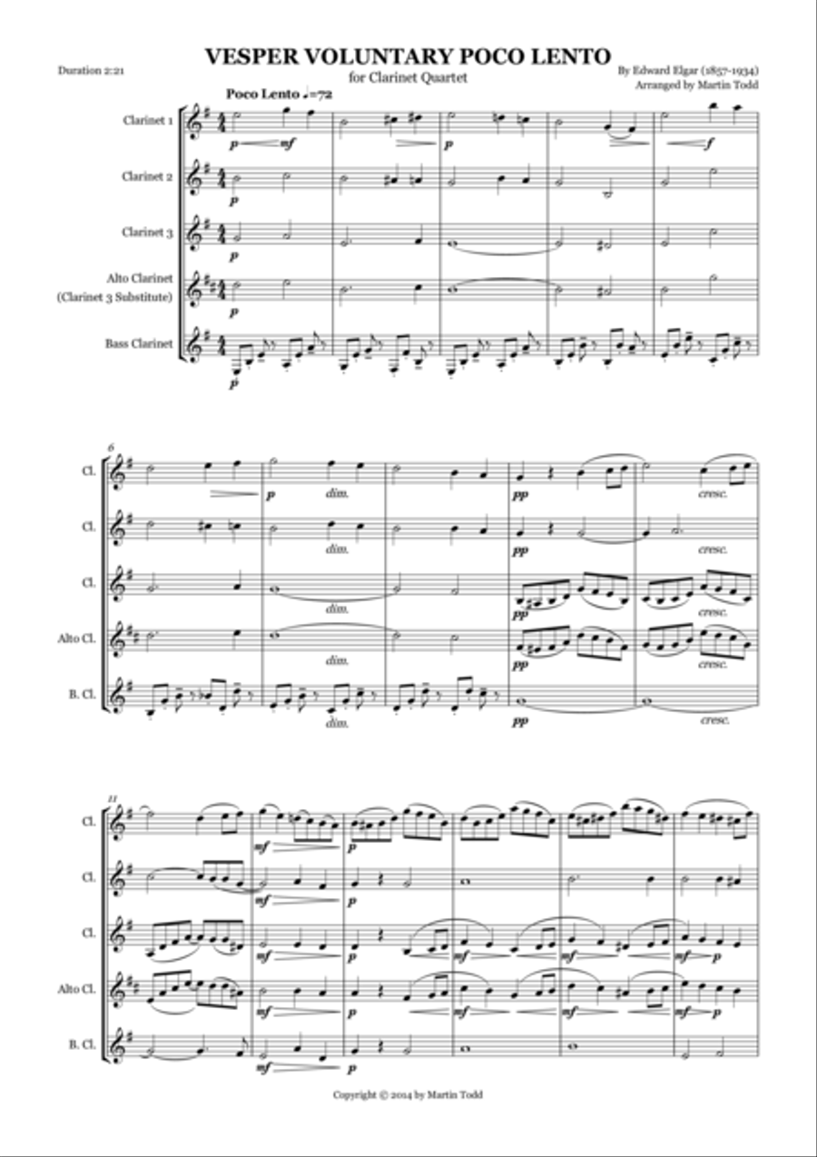 Poco Lento for Clarinet Quartet Clarinet Quartet scores gallery preview page 1