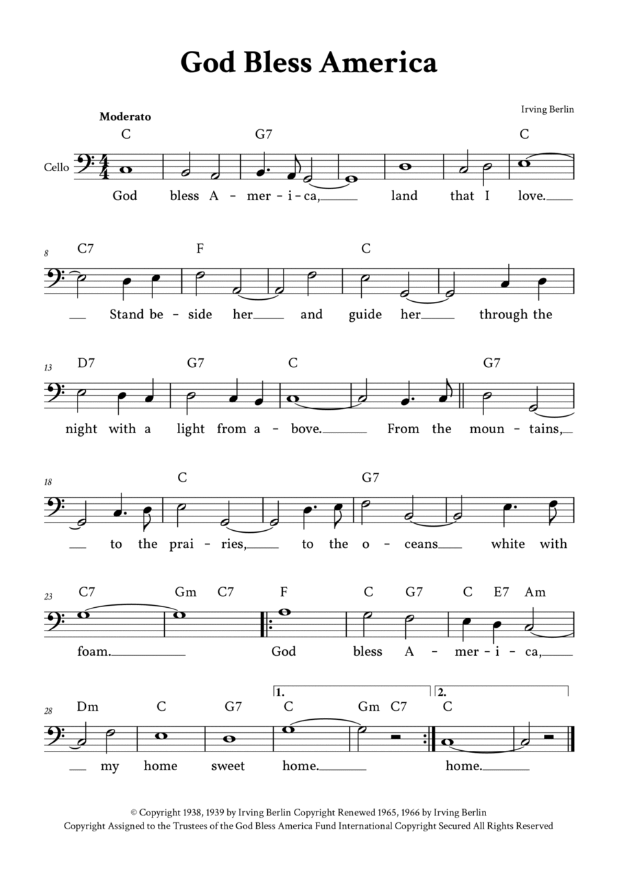 God Bless America ® Cello Solo scores gallery preview page 1