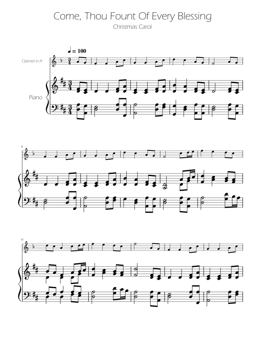 Come, Thou Fount Of Every Blessing - Clarinet in A Solo w/ Piano A Clarinet scores gallery preview page 1