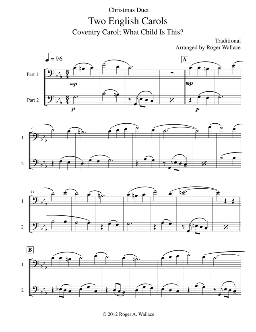 Two English Carols (Coventry Carol; What Child Is This?) Trombone Duet scores gallery preview page 1