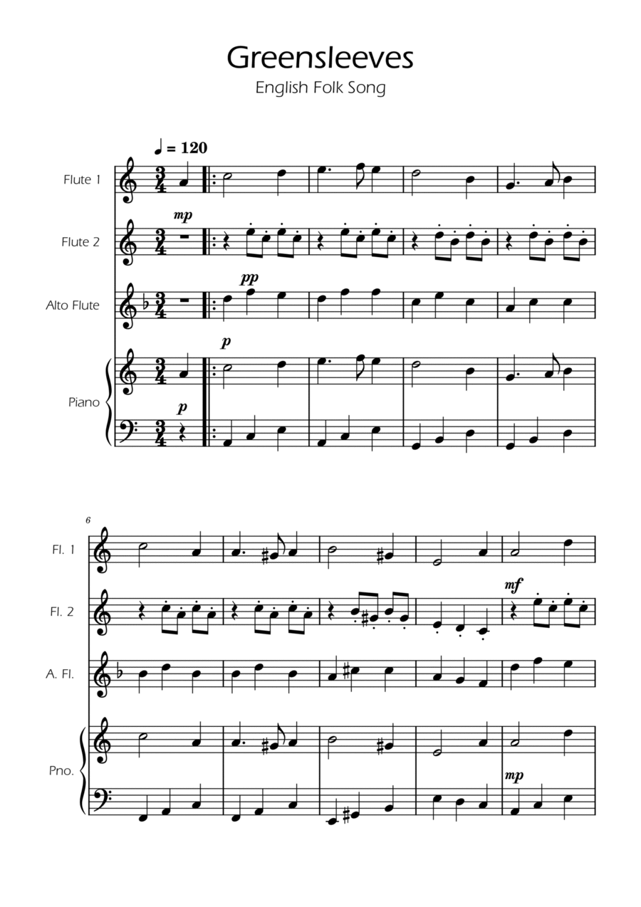Greensleeves - Flute Trio w/ Piano Woodwind Trio scores gallery preview page 1