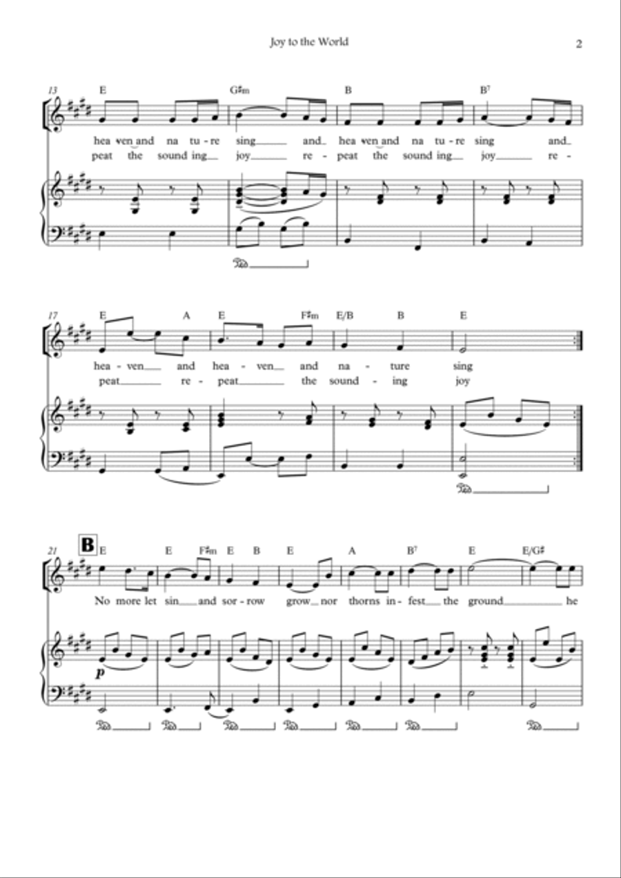 Joy to the World (E major - one voice - with chords) Voice scores gallery preview page 2