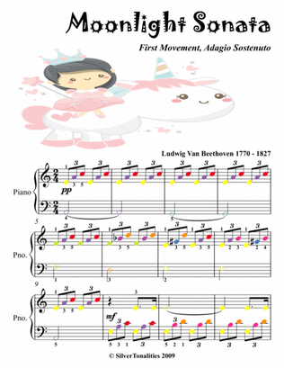 Moonlight Sonata First Movement Easy Piano Sheet Music with Colored Notes