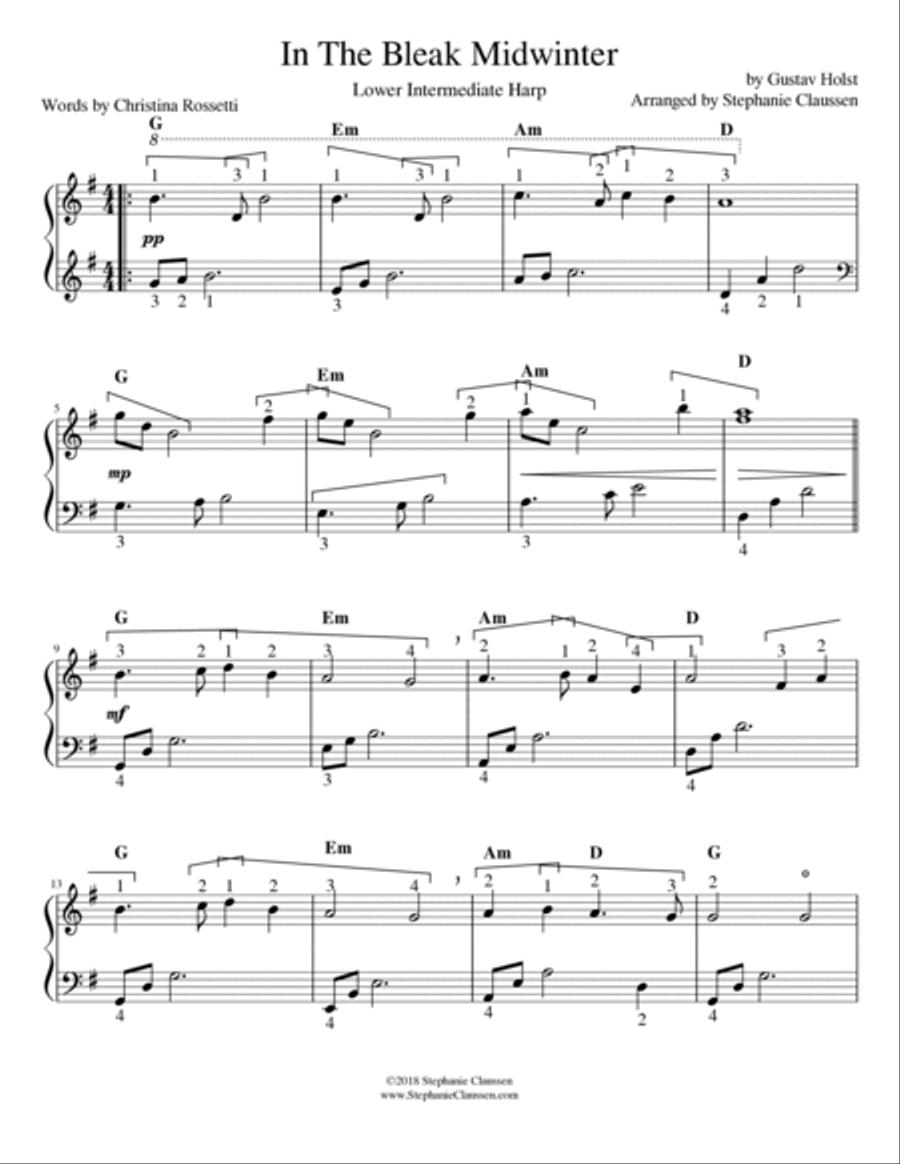In The Bleak Midwinter (Lower Intermediate Harp Solo) Harp scores gallery preview page 2