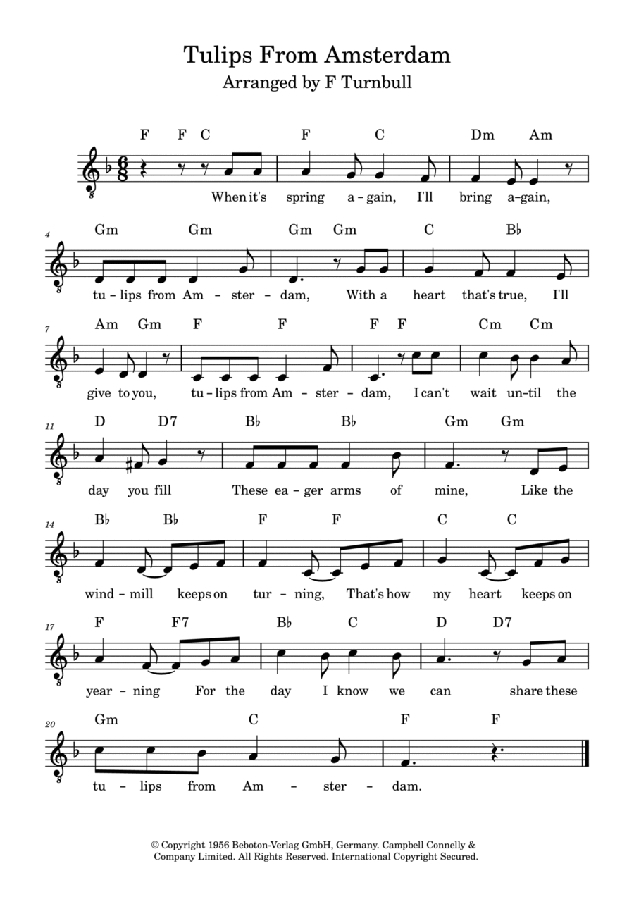 Tulips From Amsterdam Tulips From Amsterdam Piano, Vocal, Guitar scores gallery preview page 1