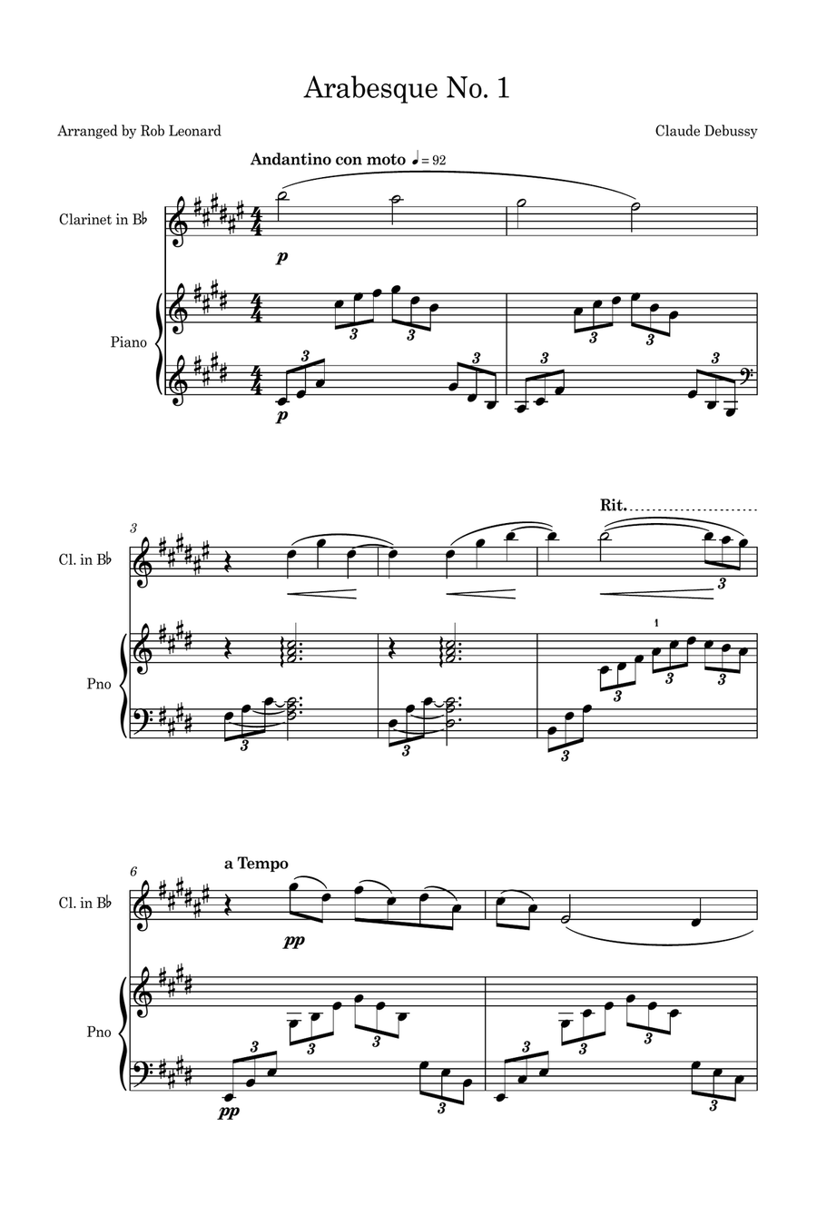Arabesque No.1 (Simplified for Clarinet and Piano) B-Flat Clarinet scores gallery preview page 1