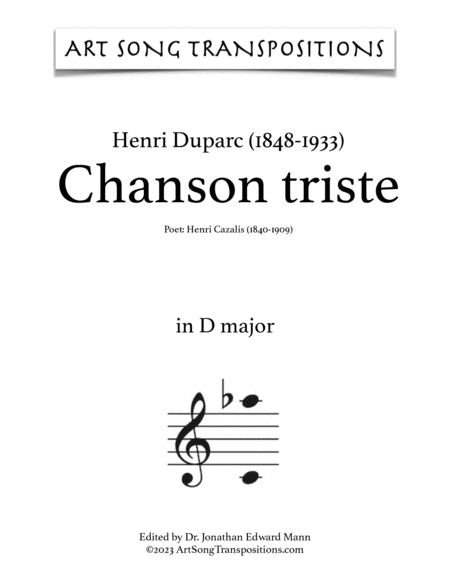 DUPARC: Chanson triste (transposed to E-flat major, D major, and C-sharp major)