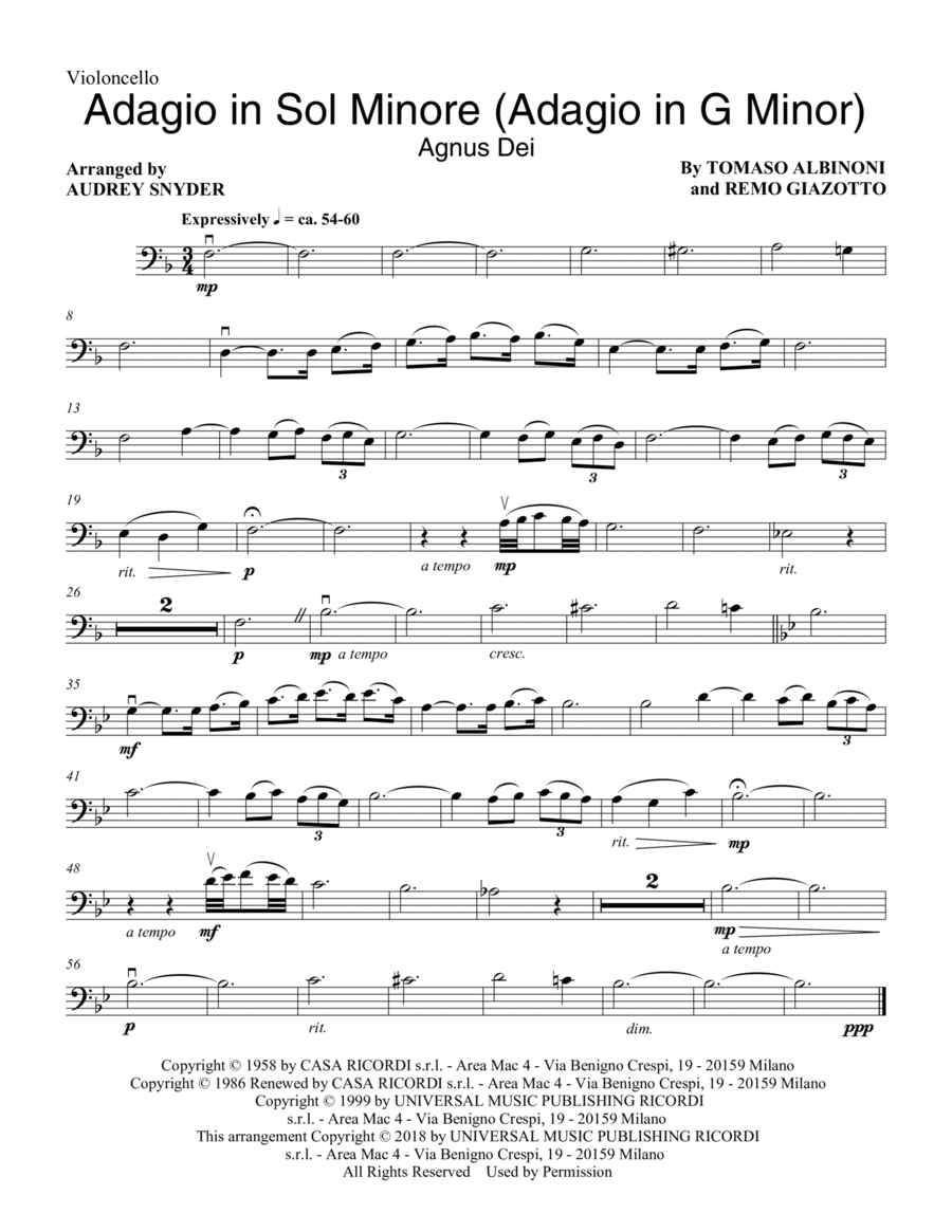 Adagio In Sol Minore (Adagio in G Minor) (arr. Audrey Snyder) - Cello Choir scores gallery preview page 1