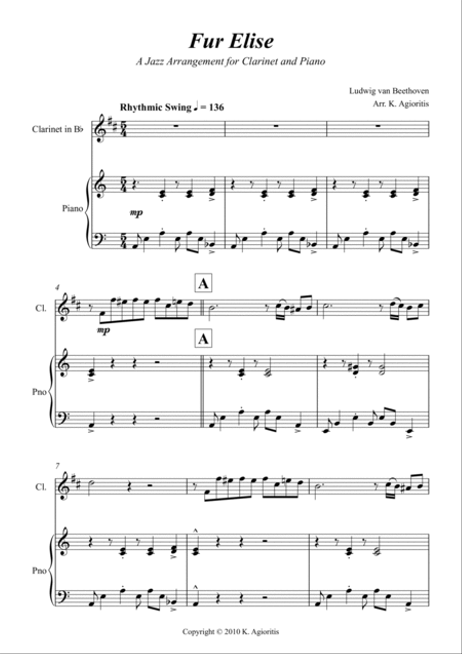 Fur Elise - a Jazz Arrangement for Clarinet and Piano Clarinet Solo scores gallery preview page 3