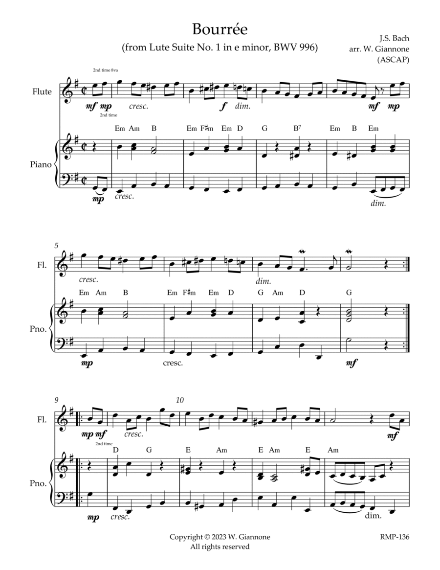 Bach - Bourree from Lute Suite No. 1 in e minor Chamber Music scores gallery preview page 1