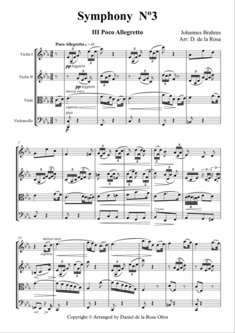 Symphony No.3 - III. Poco Allegretto - J. Brahms - For String Quartet (Full Score and Parts) String Quartet scores gallery preview page 2