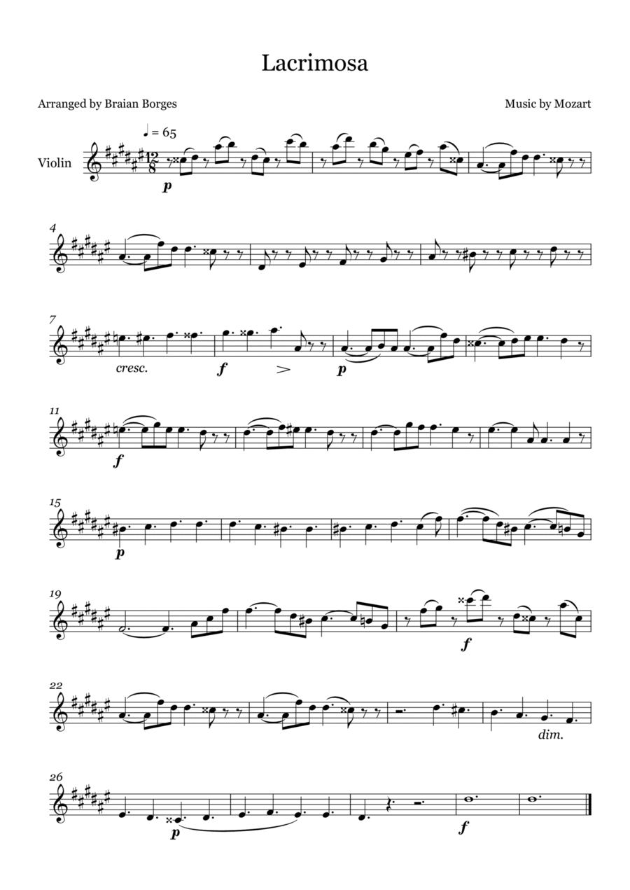 Lacrimosa in F# Major - For Violin Violin Solo scores gallery preview page 1