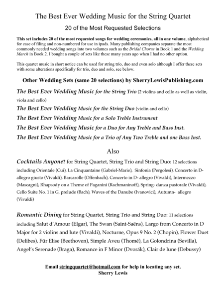 STRING QUARTET - WEDDING MUSIC STRING QUARTET COLLECTION SET OF WEDDING CLASSICS 20 arrangements image number null