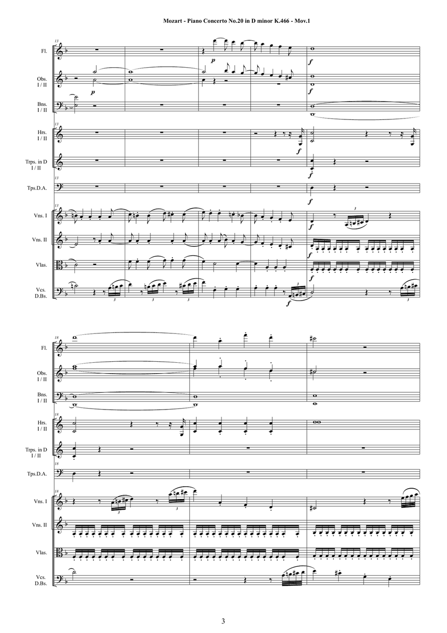 Mozart - Piano Concerto No.20 in D minor K 466 for Piano and Orchestra String Orchestra scores gallery preview page 3