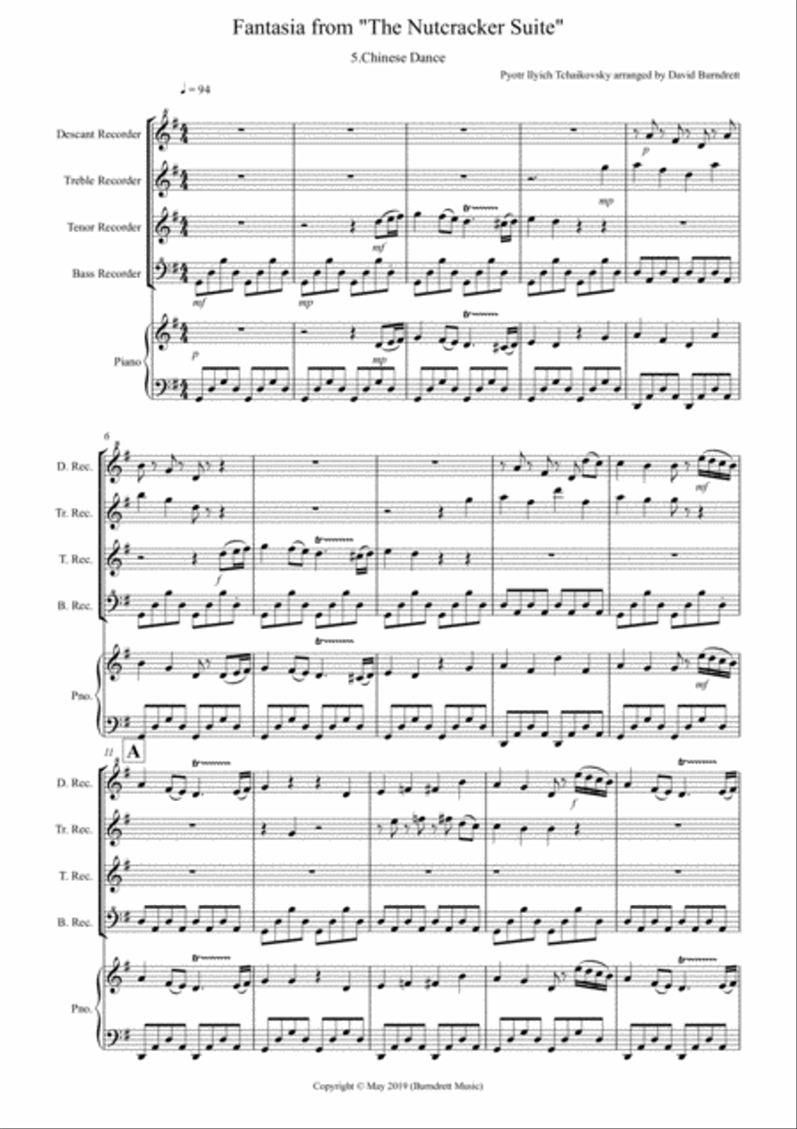 Chinese Dance (Fantasia from Nutcracker) for Recorder Quartet Recorder scores gallery preview page 1