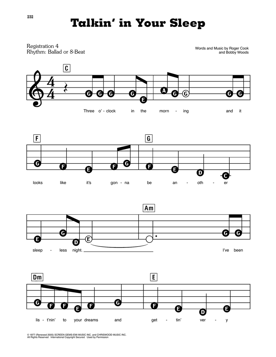 Talkin' In Your Sleep Electronic Keyboard scores gallery preview page 1