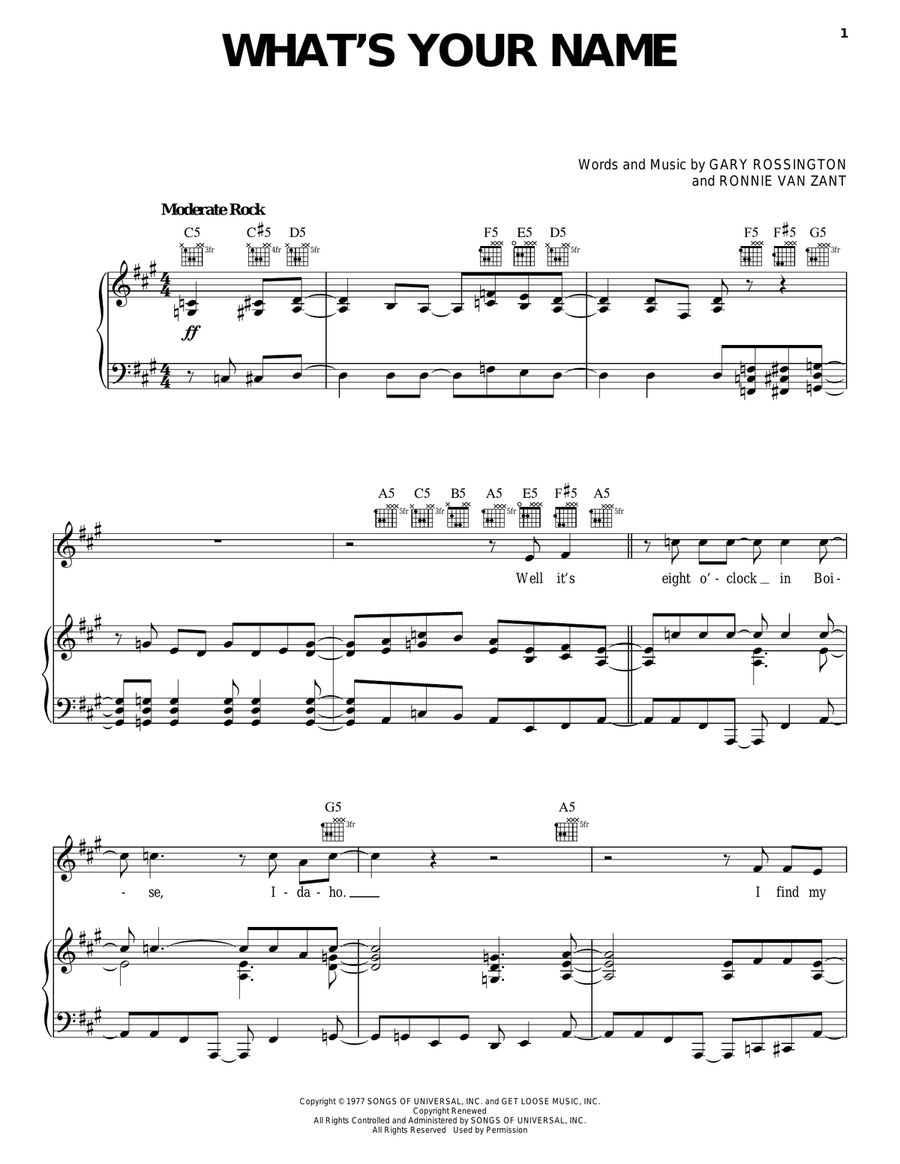 What's Your Name Piano, Vocal, Guitar scores gallery preview page 1