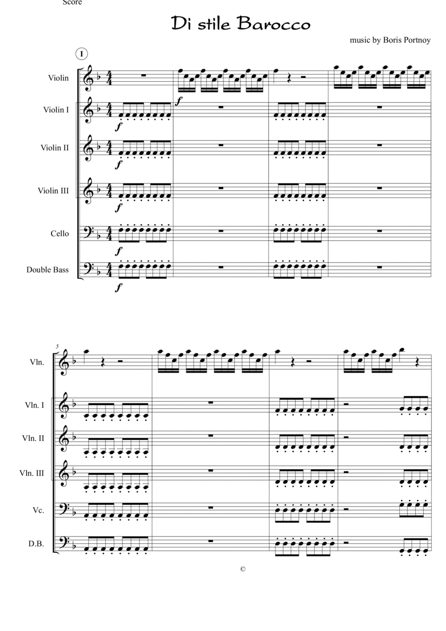 Di stile Barocco-for Violin solo and Beginning String Orchestra String Orchestra scores gallery preview page 1