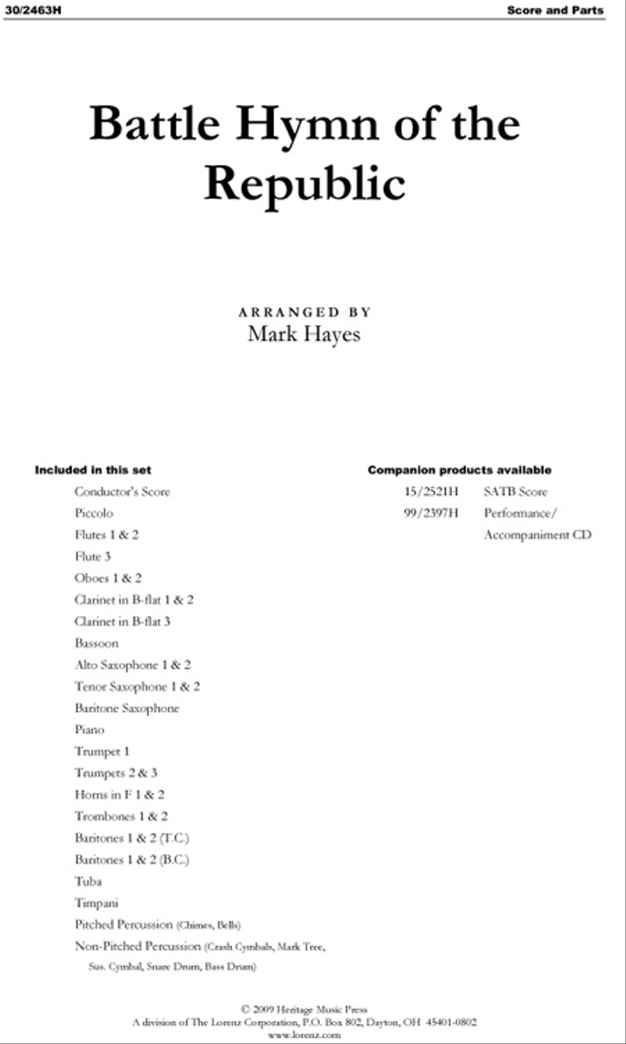 Battle Hymn of the Republic - Concert Band Score and Parts