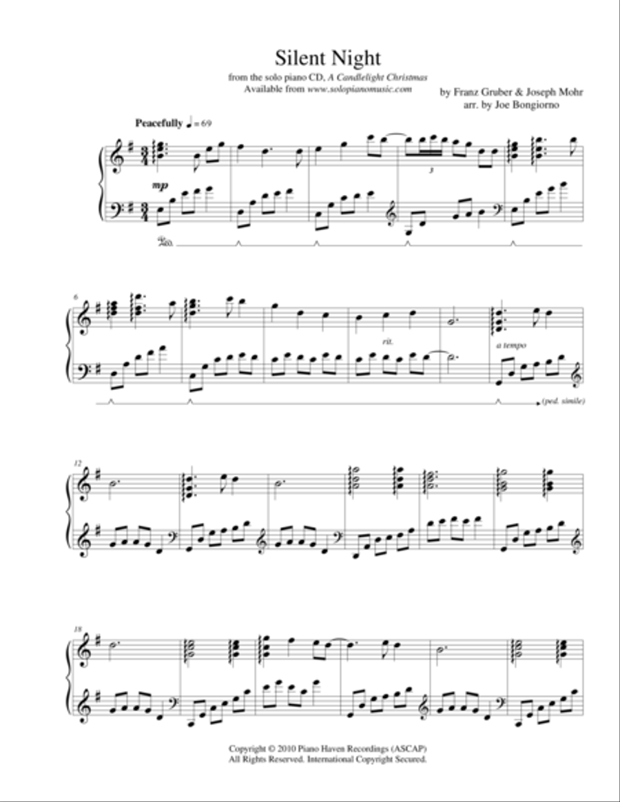 Silent Night - traditional Christmas - by Joe Bongiorno Piano Solo scores gallery preview page 1