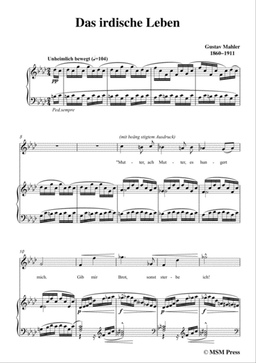 Mahler-Das irdische Leben in A flat Major,for Voice and Piano Voice Solo scores gallery preview page 3