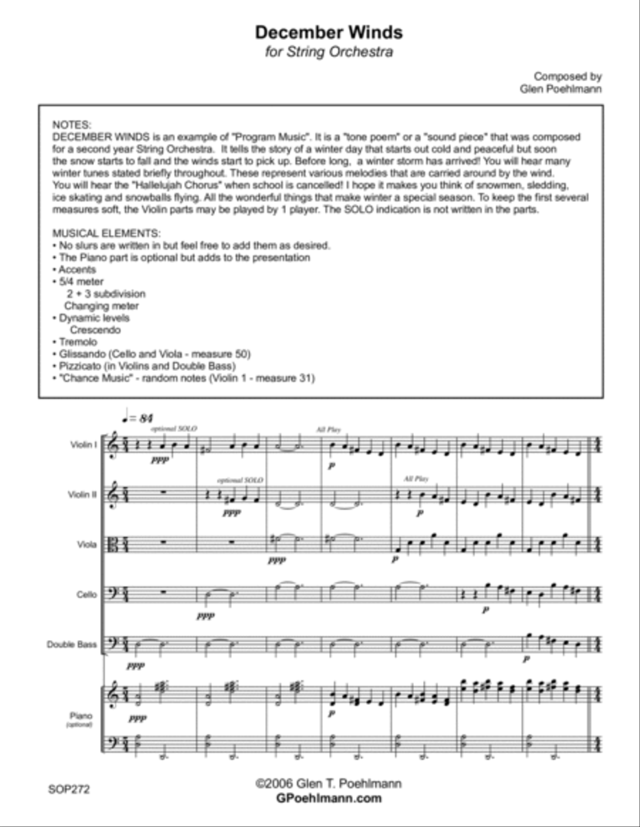 DECEMBER WINDS - ELEMENTARY STRING ORCHESTRA with optional Piano & Percussion String Orchestra scores gallery preview page 1