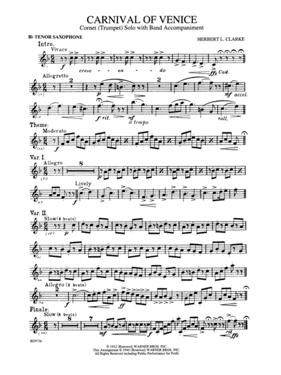 Carnival of Venice (Cornet (Trumpet) Solo with Band Accompaniment): B-flat Tenor Saxophone