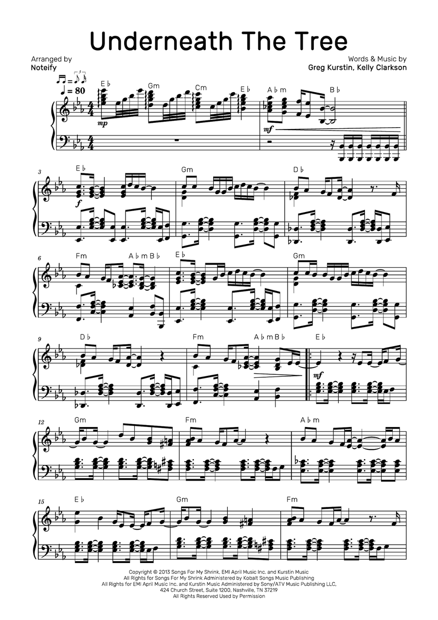 Underneath The Tree Piano Solo scores gallery preview page 1