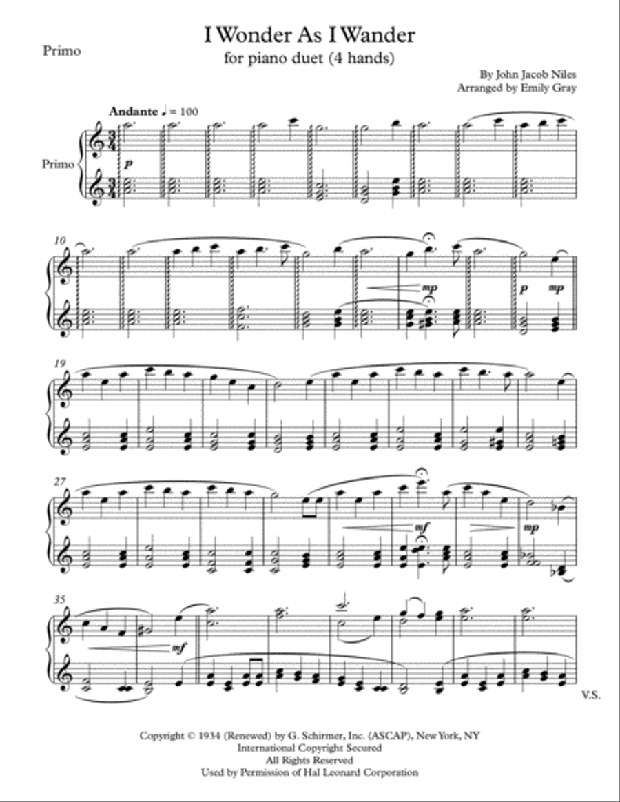 I Wonder As I Wander 1 Piano, 4-Hands scores gallery preview page 1