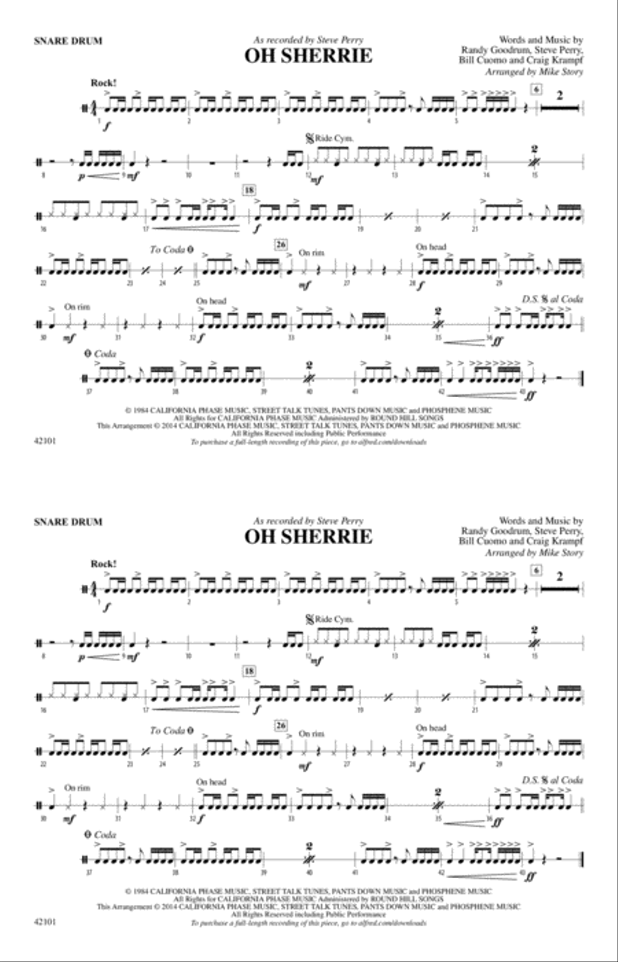 Oh Sherrie: Snare Drum Oh Sherrie: Snare Drum Marching Band scores gallery preview page 1