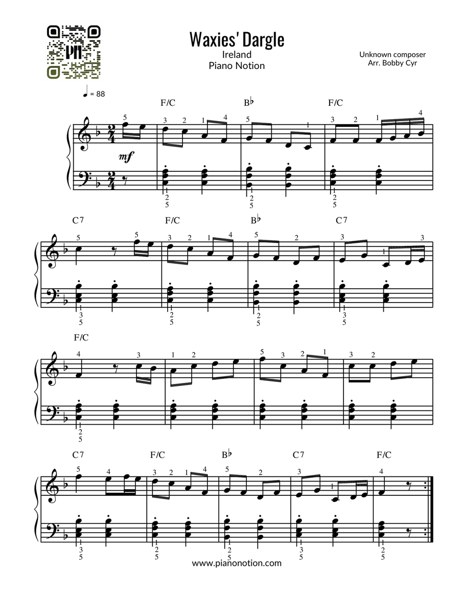 Waxies' Dargle (Piano Solo) Easy Piano scores gallery preview page 1