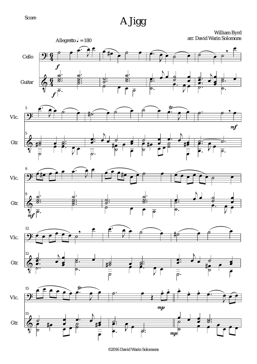 Byrd's Jigg for cello and guitar String Duet scores gallery preview page 1
