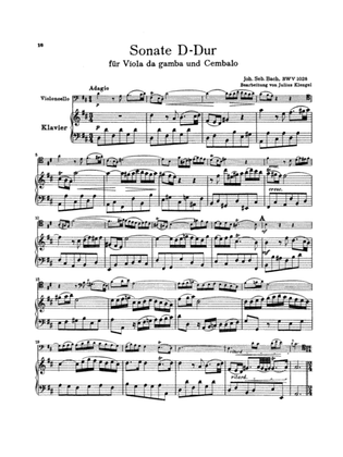 Book cover for Sonata in D Major for Viola da Gamba, BWV 1028 (Transcribed For Cello and Piano)