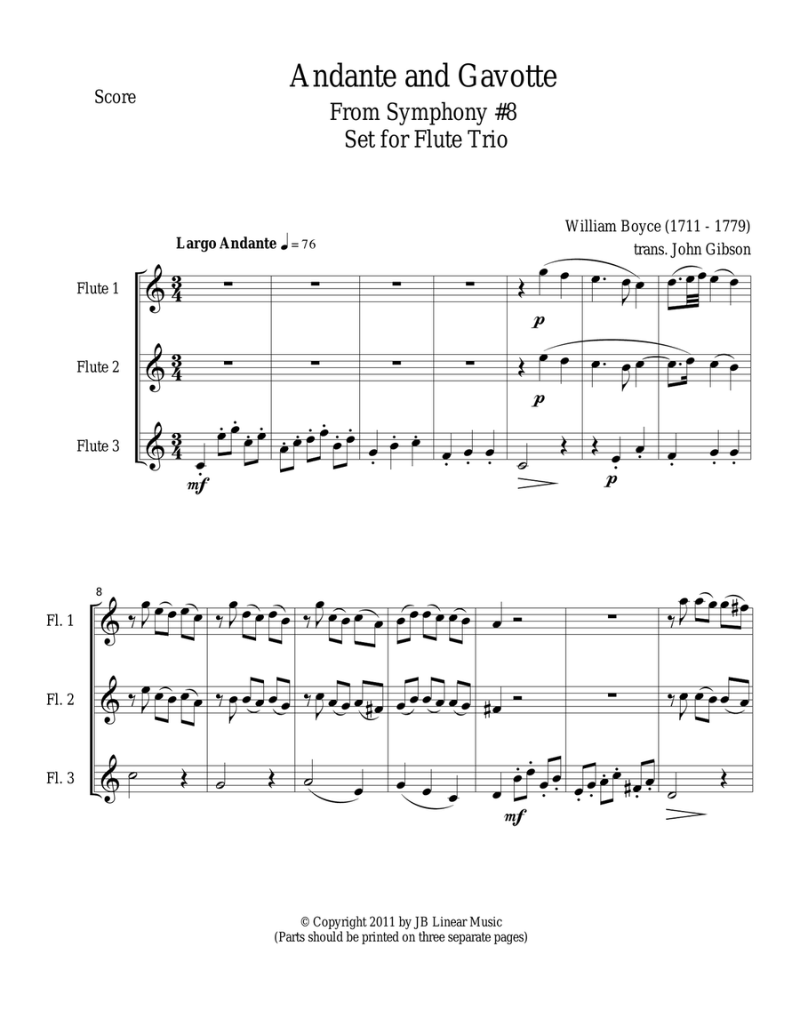 Andante and Gavotte by William Boyce for Flute Trio Flute Trio scores gallery preview page 1