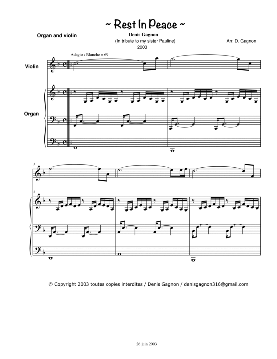 Rest In Peace (For Violin and Organ) Violin Solo scores gallery preview page 1