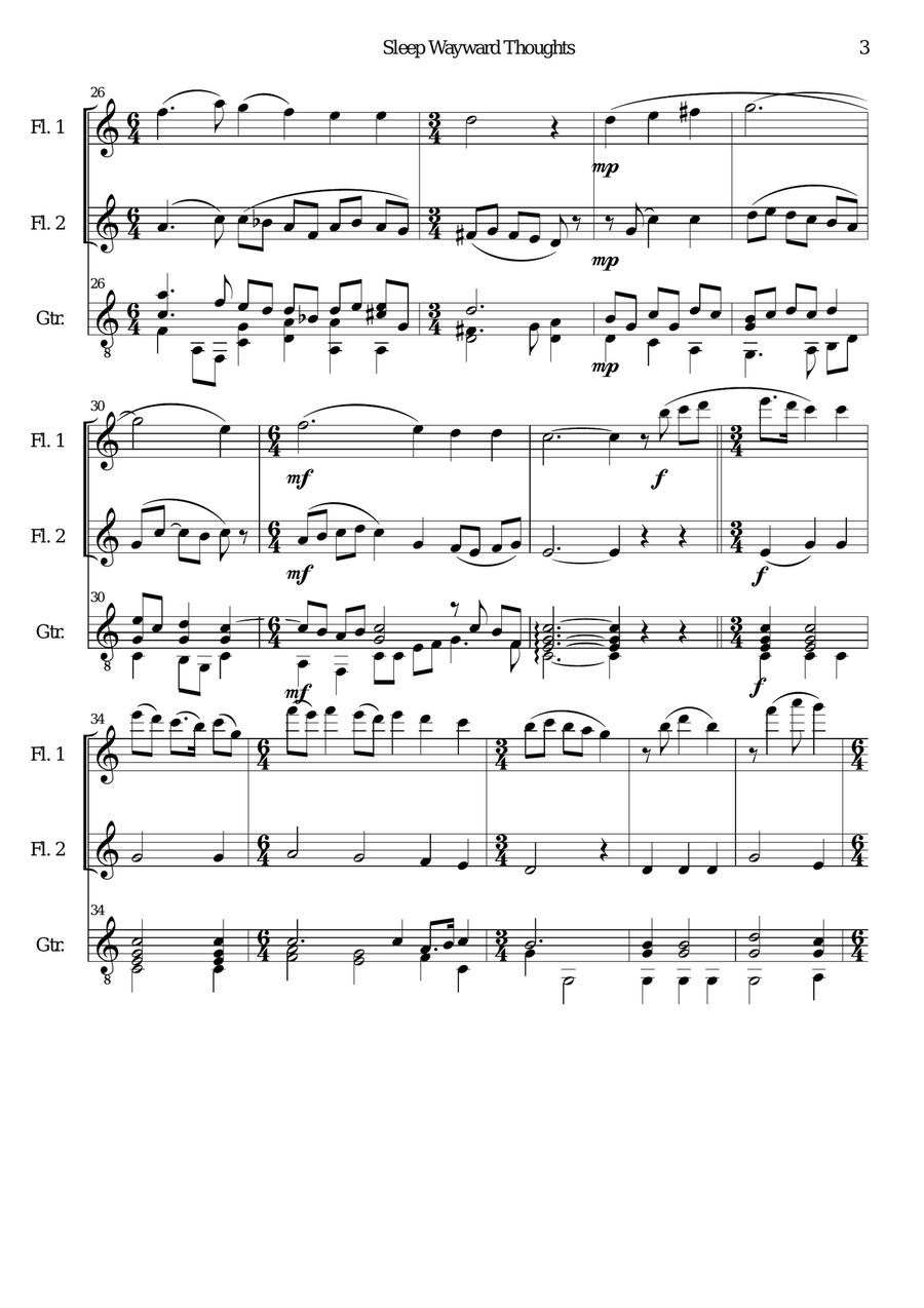 Sleep wayward thoughts for 2 flutes and guitar Flute scores gallery preview page 3
