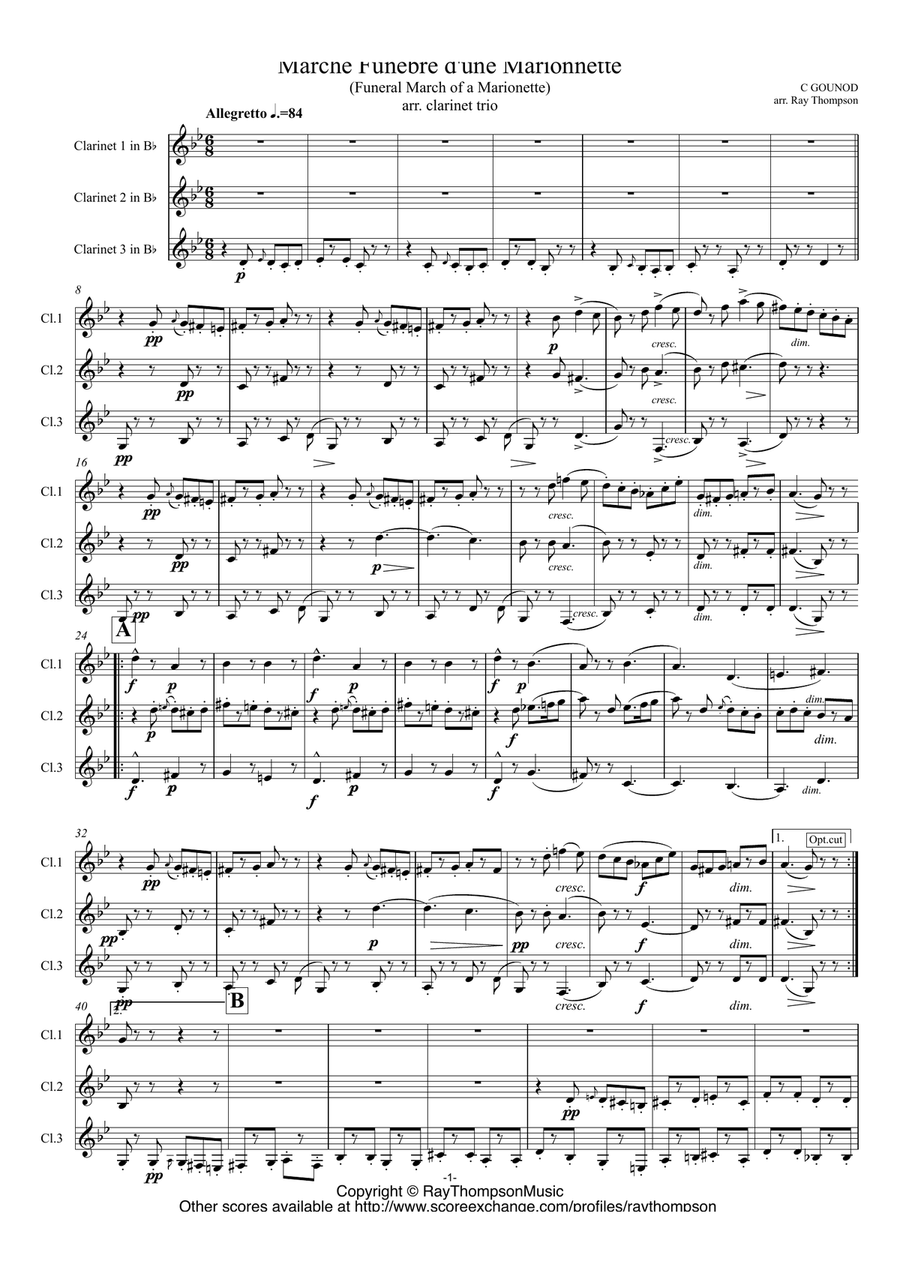 Gounod: Funeral March of a Marionette (Marche Funèbre d’une Marionette)”Hitchcock” - clarinet trio Clarinet Trio scores gallery preview page 1