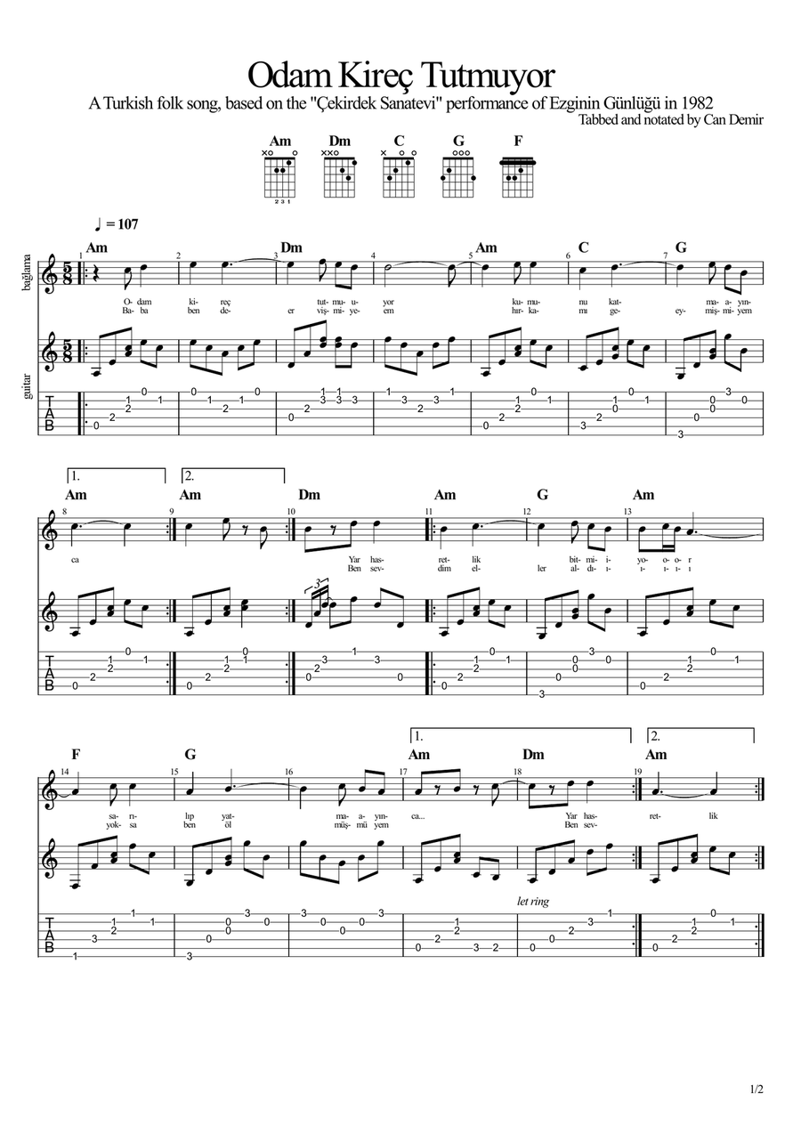 Odam Kireç Tutmuyor (Turkish folk song) Acoustic Guitar scores gallery preview page 1