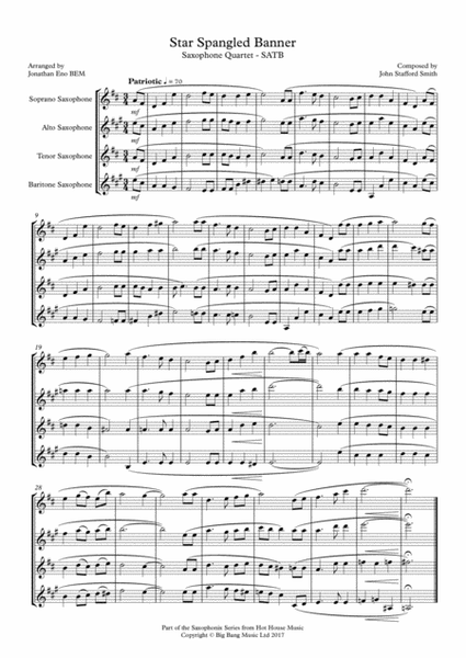 Star Spangled Banner - Saxophone Quartet SATB image number null