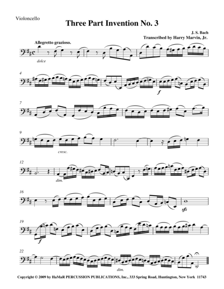 Three Part Invention No. 3 for 2 Marimbas & Cello