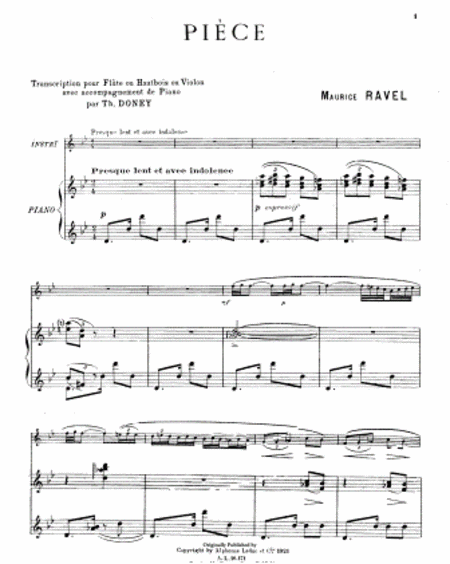 Piece [en forme de habanera] Transcription pour flute ou hautbois ou violon avec accompagnement de piano par Th. Doney.