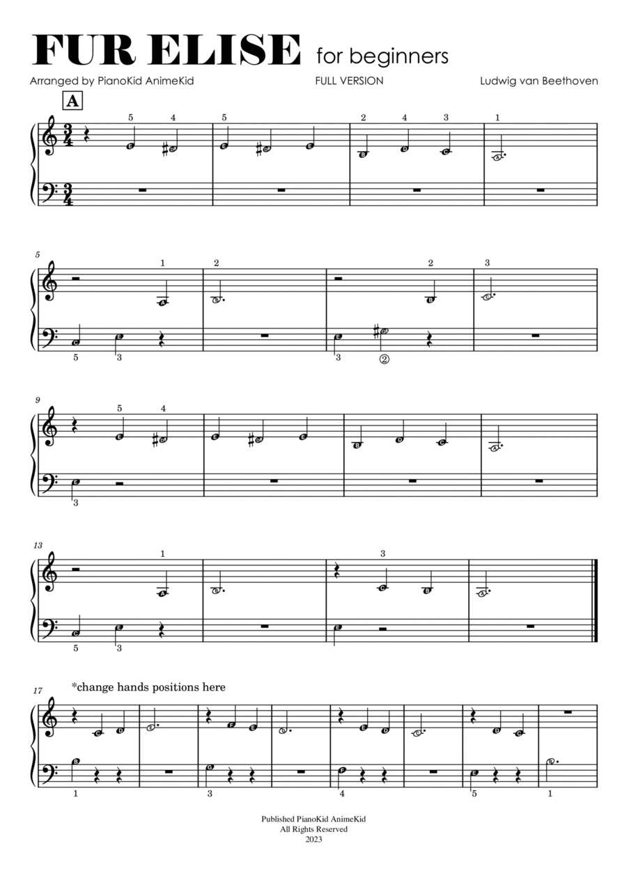 Fur Elise (Full Version Simplified for Beginners to Grade 1) Easy Piano scores gallery preview page 1