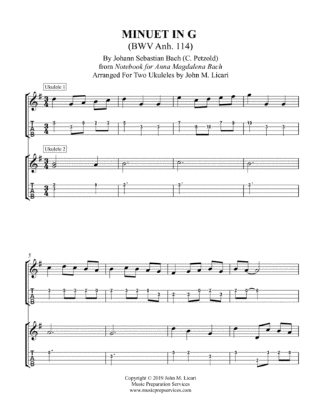 Minuet in G - Johann Sebastian Bach (Two Ukuleles with Tablature)