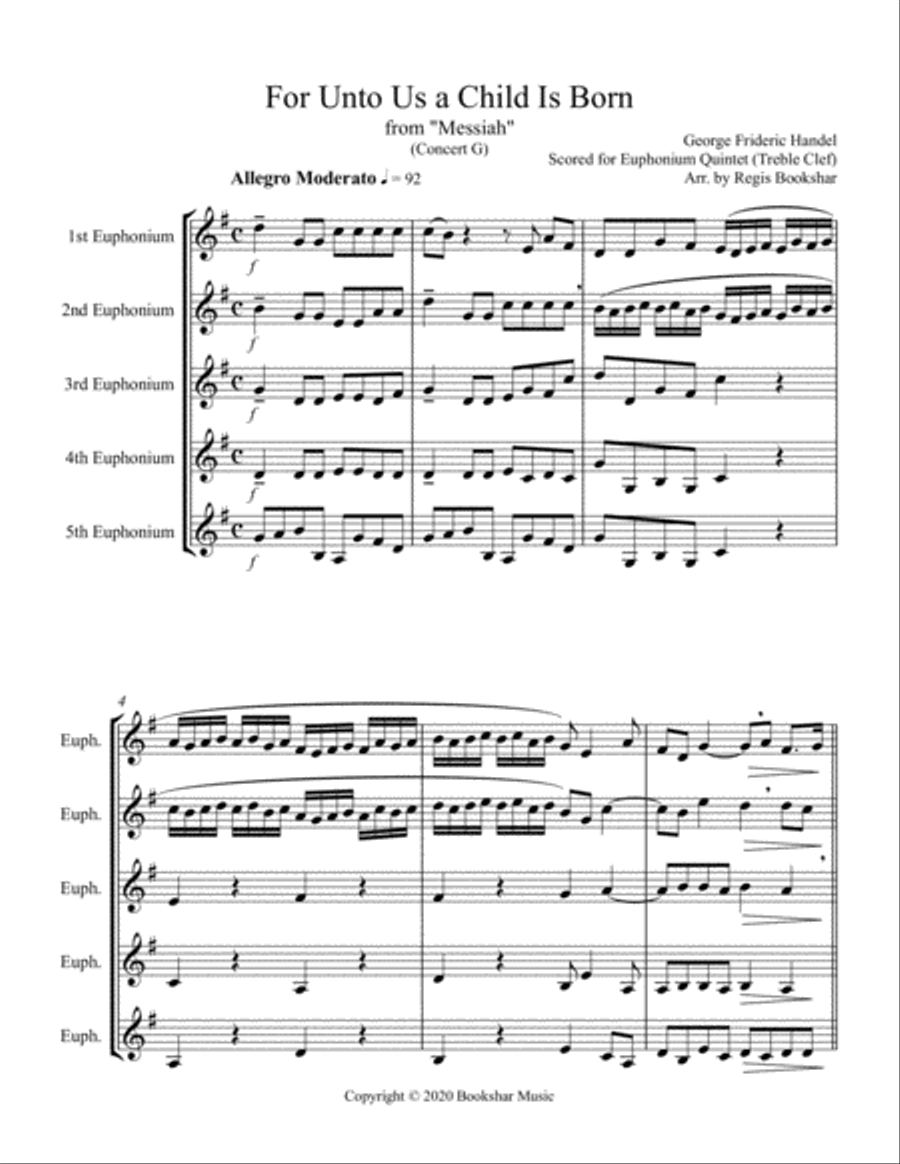 For Unto Us a Child is Born (from "Messiah") (G) (Euphonium Quintet - Treble Clef)