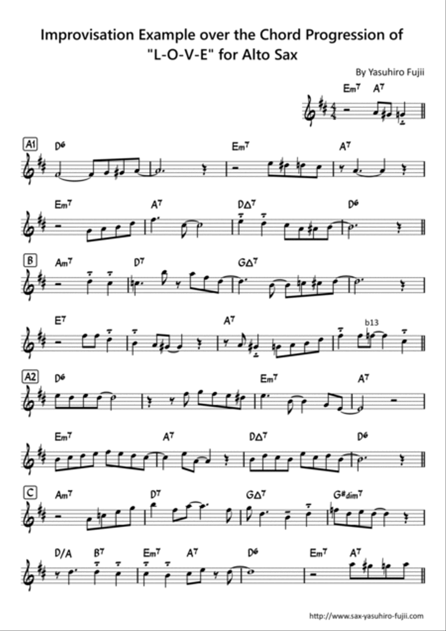 Improvisation Example over the Chord Progression of L-O-V-E Alto Sax Alto Saxophone scores gallery preview page 1