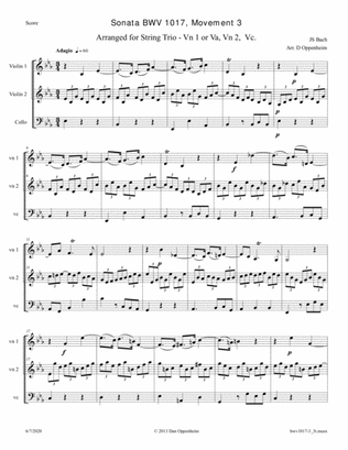 Bach: Sonata for Violin and Keyboard BWV 1017 3rd movement, arranged for String Trio (Violin 1 or Vi