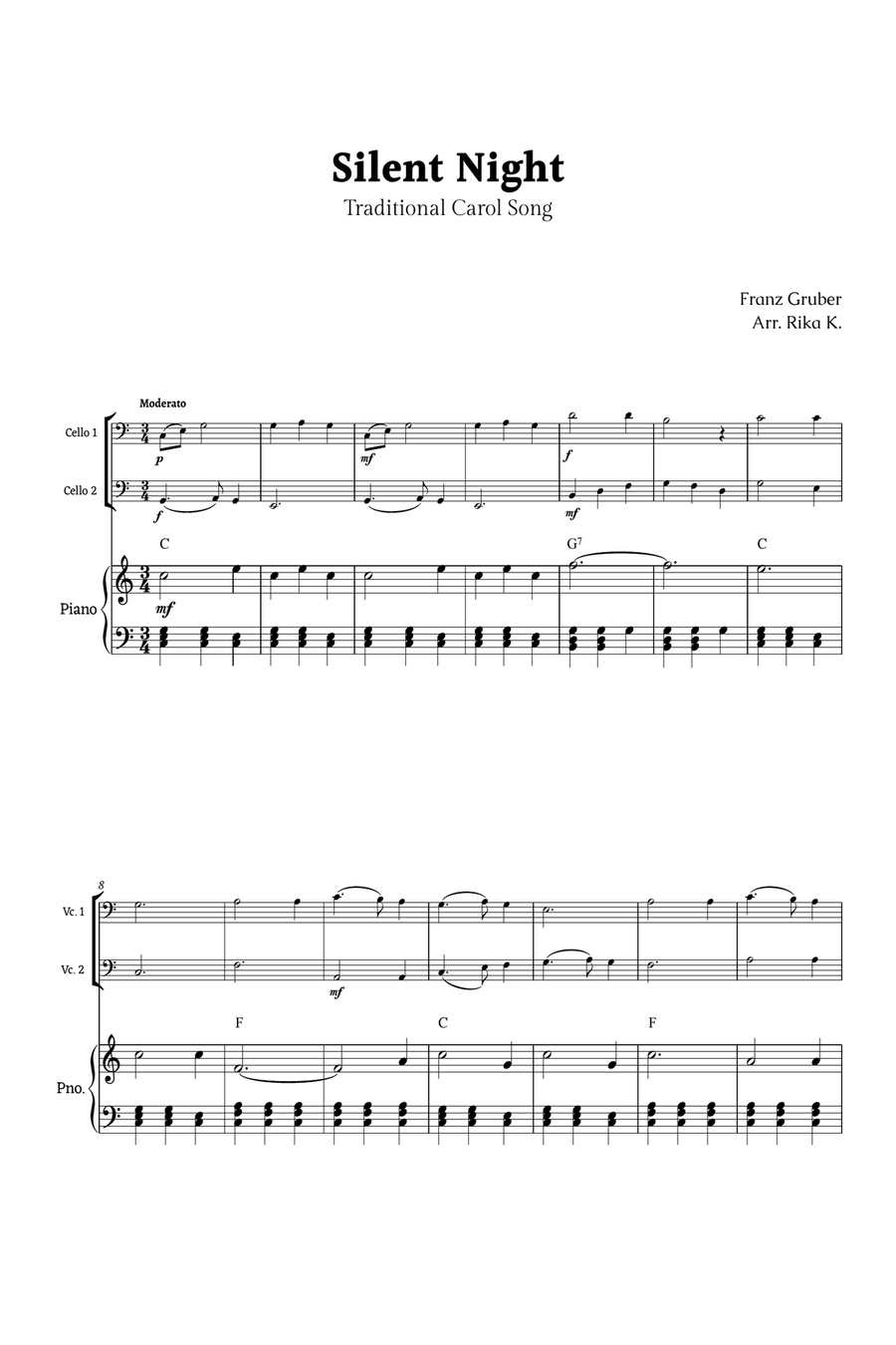 Silent Night for Cello Duet and Piano String Duet scores gallery preview page 1
