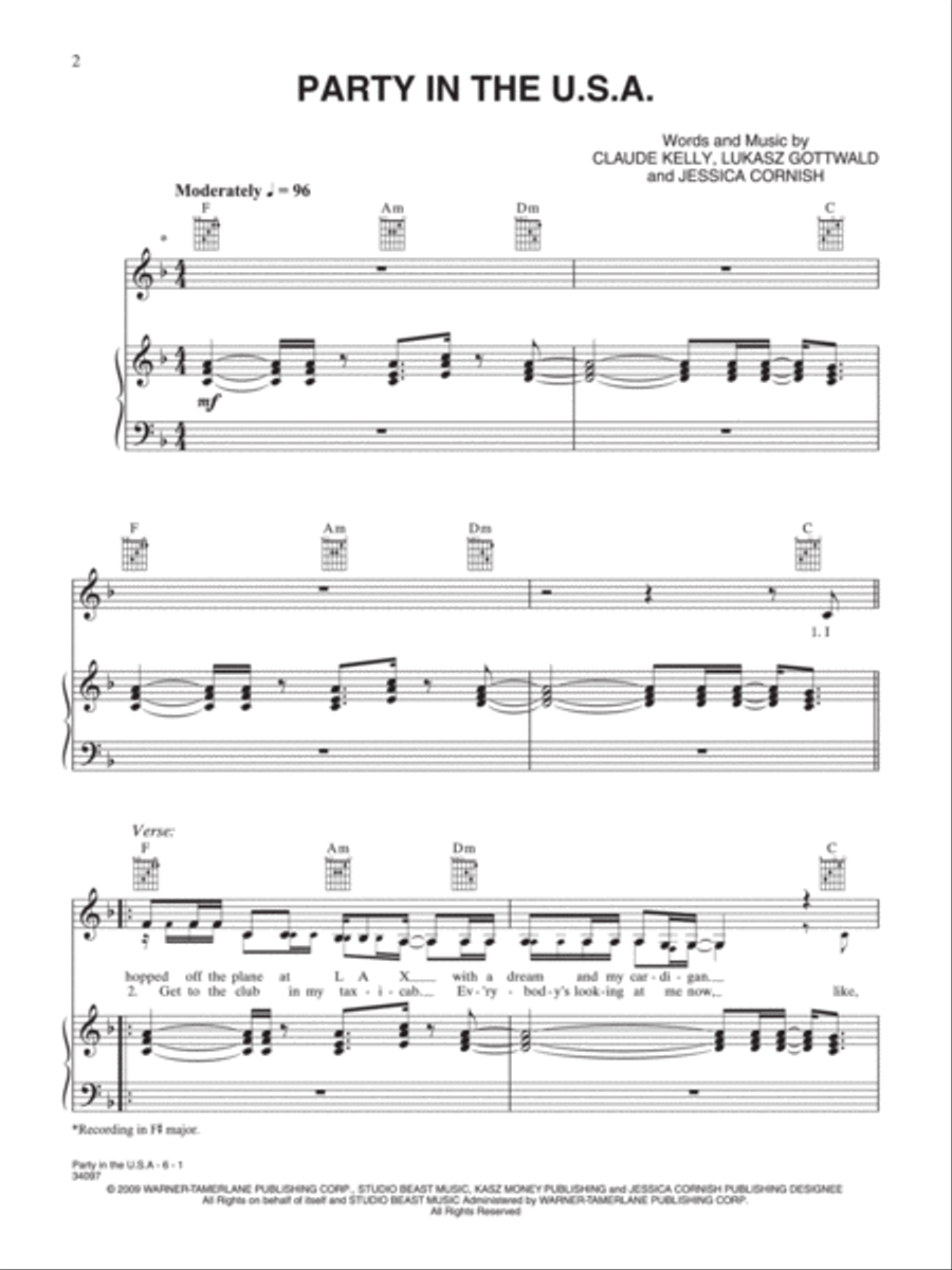 Party in the U.S.A. Piano, Vocal, Guitar scores gallery preview page 1