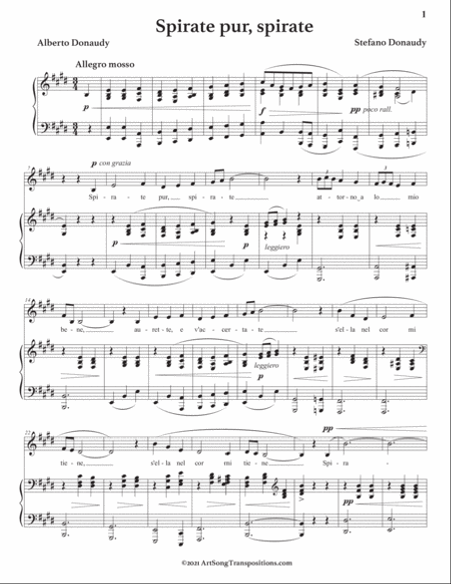 DONAUDY: Spirate pur, spirate (transposed to E major) Voice scores gallery preview page 2