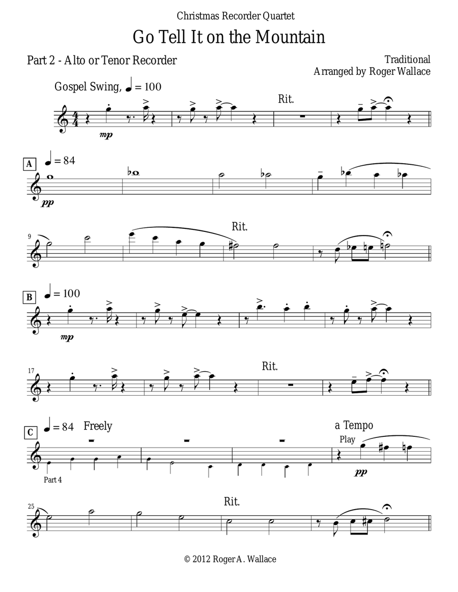 Go Tell It on the Mountain (Recorder Quartet) Soprano Recorder scores gallery preview page 6